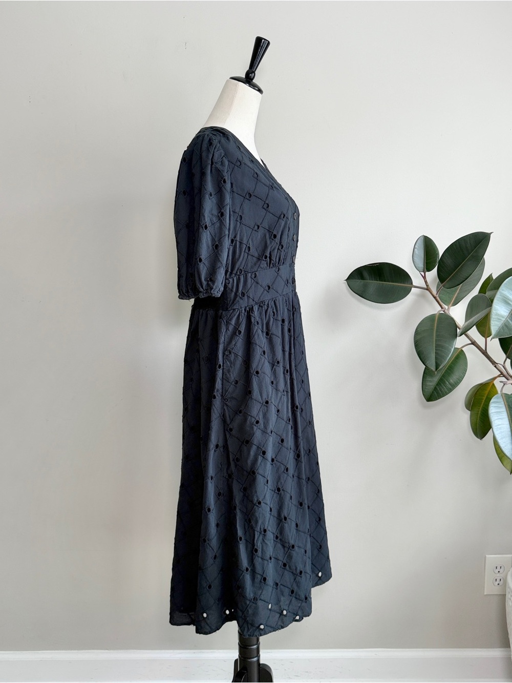 A New Day Midi Dress Cotton Eyelet Pockets Black Cottage Prairie Size L - Picture 6 of 9